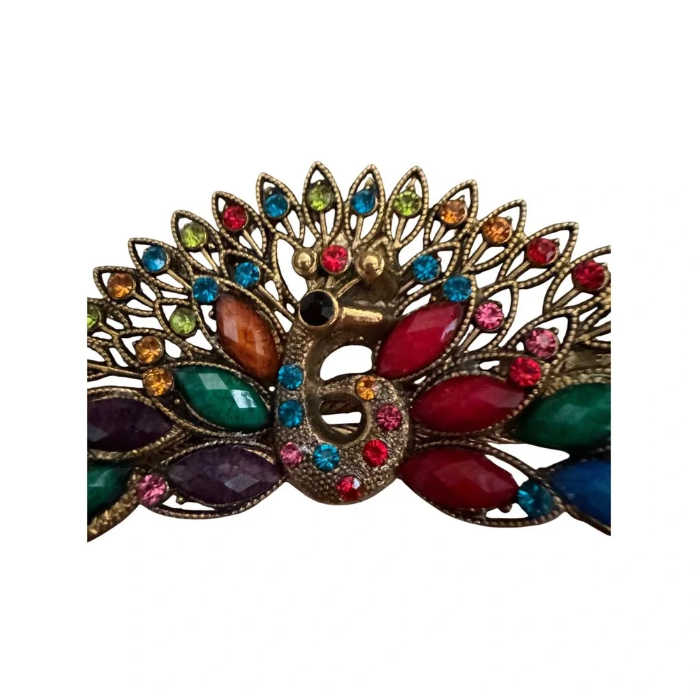 Vintage Style Peacock Hair Clip Gold Tone Multi Color‎ Rhinestone Filigree Boho